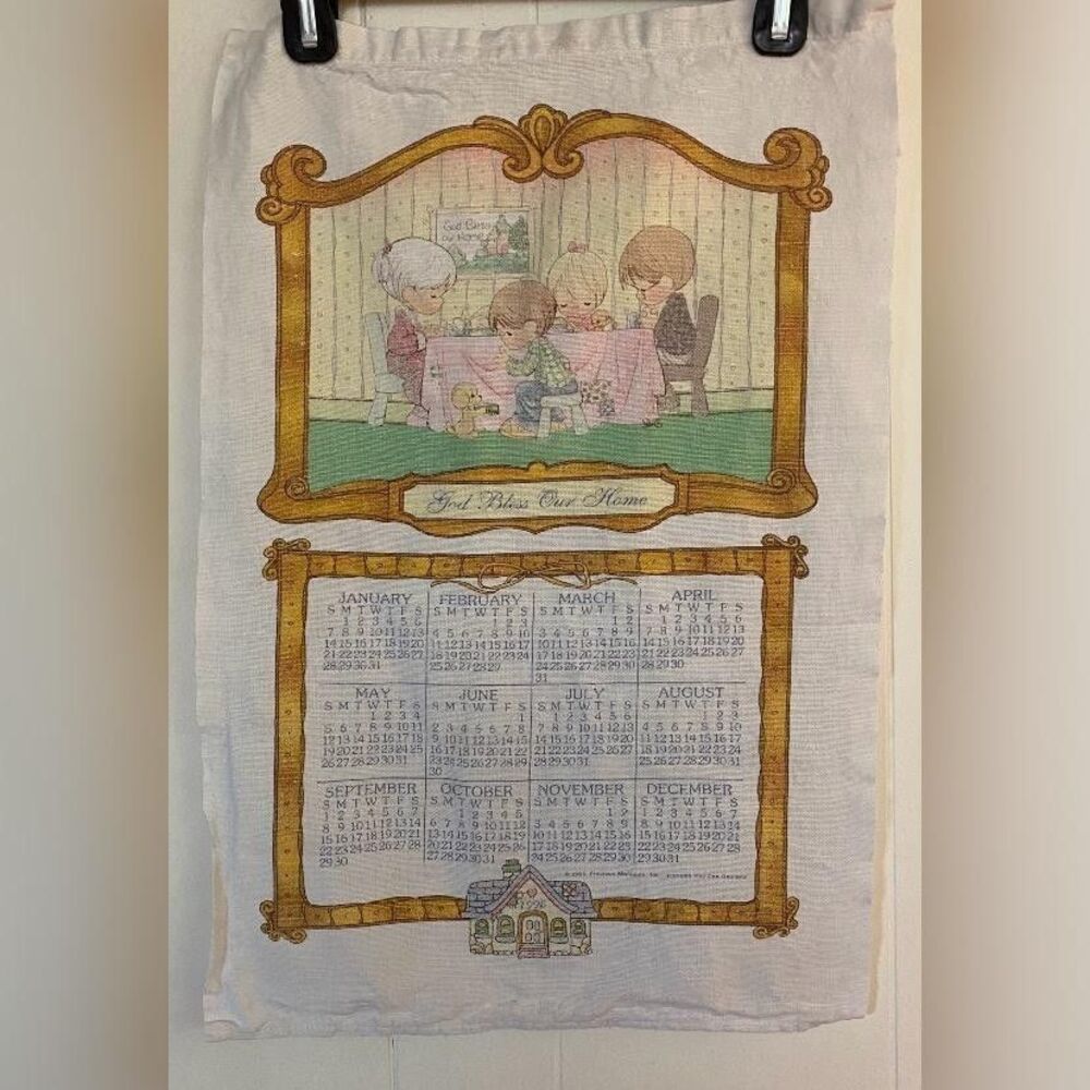 Vintage 1996 Precious Moments God Bless Home Calendar Kitchen Tea Towel White